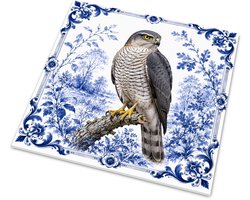 Delft Blue Series - Tegeltje met Sperwer Accipiter nisus - Aquarel en Gouache Illustratie - Glanzend Wandtegeltje met Sfeervol Boslandschap en Klassieke Ornamenten Rand - 15x15 cm