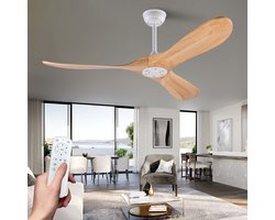 Merdoo Plafondventilator zonder Lamp - 52 inch - 3 Houten Bladen - Afstandsbediening - Wit/Naturel