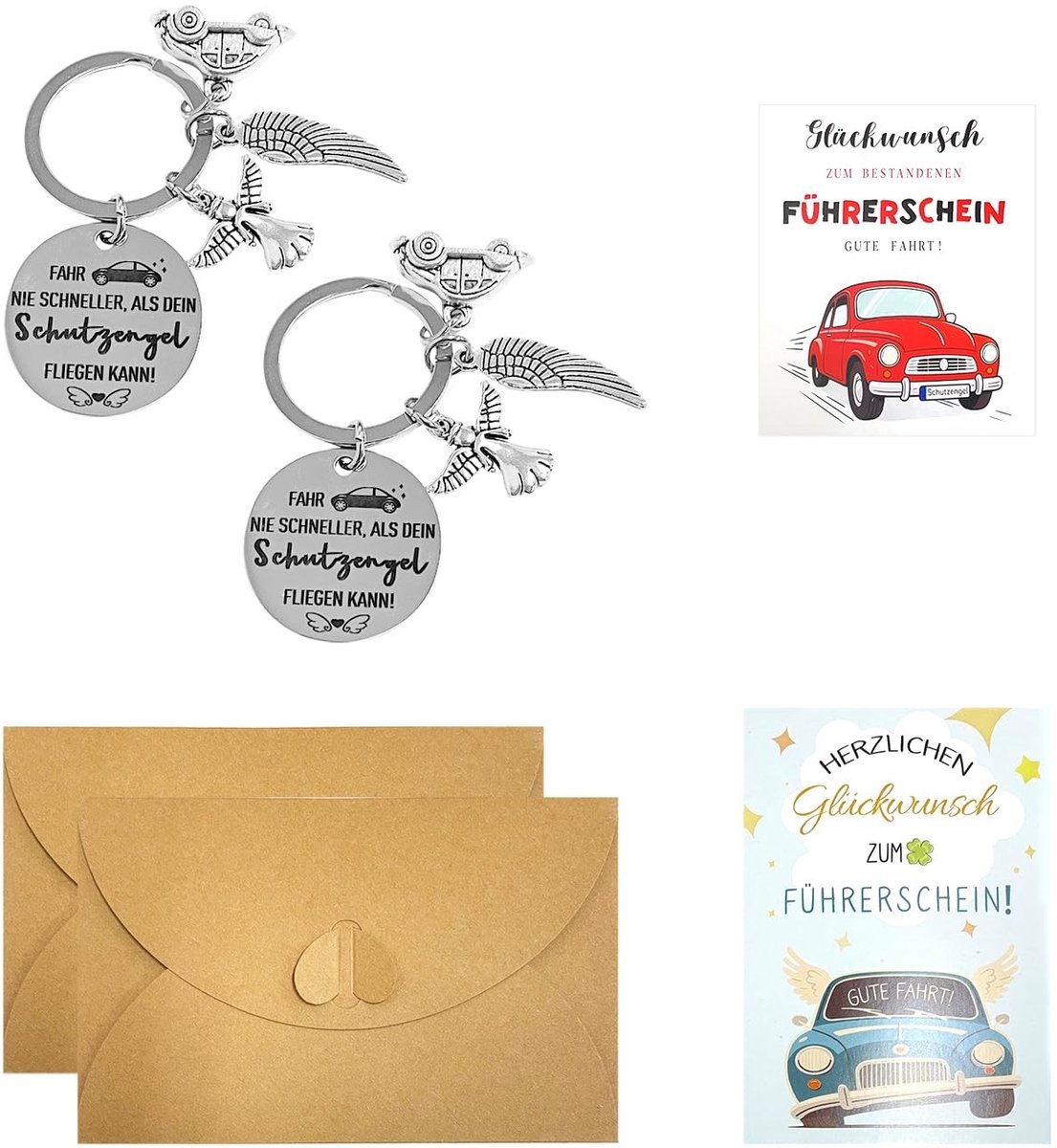 Dailygoods- Sleutelhanger Set - Roestvrij Staal - Geluksbrenger - Rijbewijs/Sleutel - 2 Sets - Uniek Ontwerp - 6x3 cm - Sleutelring
