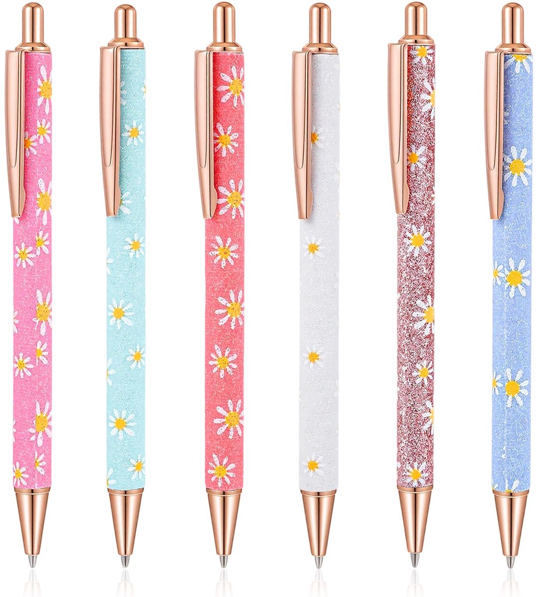 Dailygoods- Balpennen 6 stuks - Intrekbare Bloemengelpennen - Aluminium - Zwarte Inkt - Puntdikte 1,0 mm - Glad Schrijven - Schrijfpennen