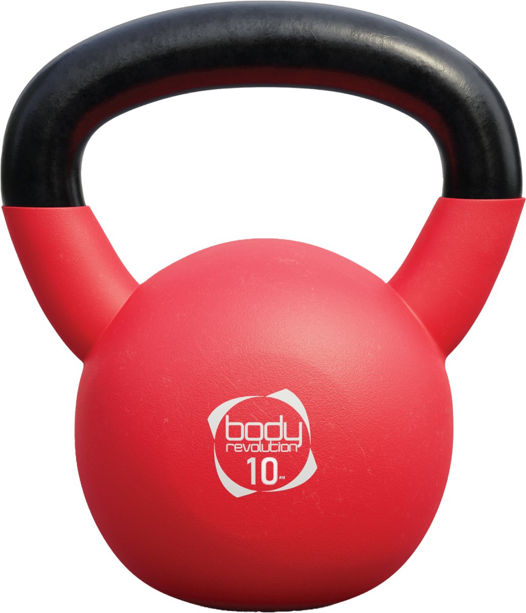 10kg kettlebell met rode gietijzeren kern en neopreen coating, platte onderkant