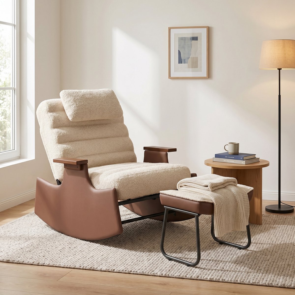 Mofor Schommelstoel met Voetenbank - 3 standen Verstelbare Rugleuning - Relaxfauteuil van Teddystof en Metaal - Moderne Loungestoel - Beige