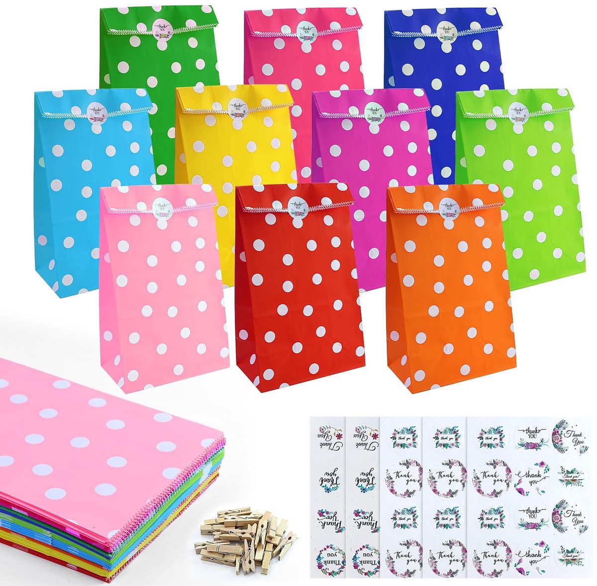 Dailygoods- Geschenkzakjes 50 stuks - Papieren zakjes - Kraftpapier - 10 Kleuren - Inclusief 60 Stickers - 24 x 13 x 8 cm - Sterk en opvouwbaar - Cadeauzakjes