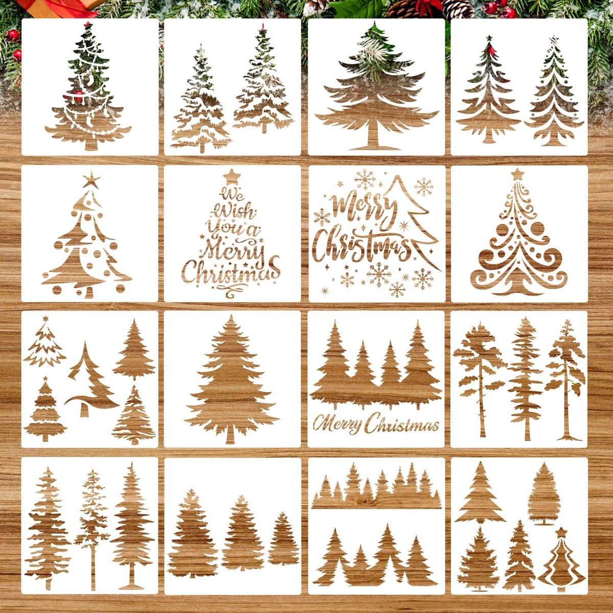 Dailygoods- Kerstsjablonen 16 Stuks - Herbruikbare Sjablonen - Dennenboom Sjablonen - Muursjablonen - Geschikt voor Kinderen - 15 x 15 cm - Stencils