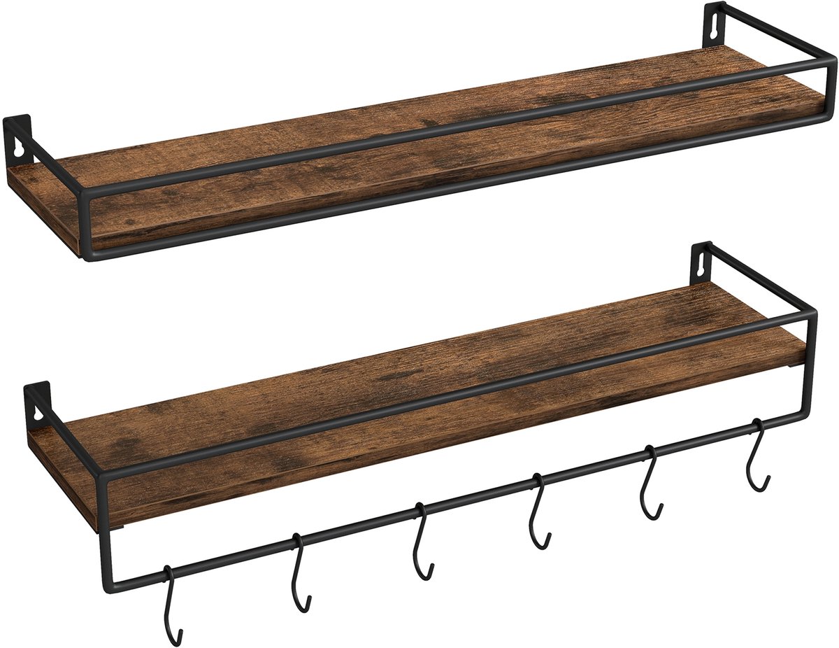 Vasagle Wandplank - Set van 2 Wandplanken - Met Stang - Zwevende Opbergrekken voor Keuken Slaapkamer Woonkamer Rustiek bruin, inktzwart
