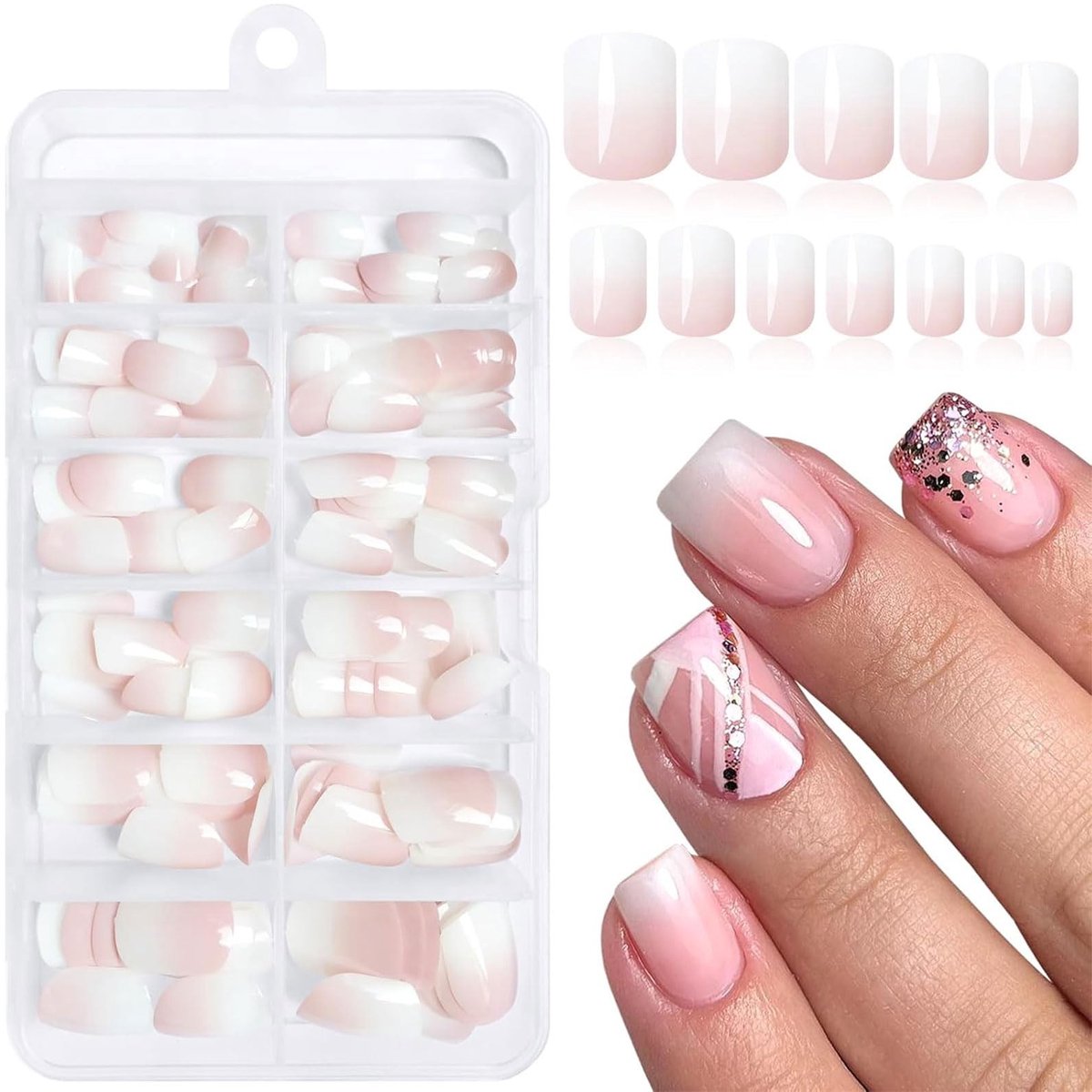 Dailygoods- Kunstnagels 144 Stuks - Ombre Druknagels - Korte Kunstnagels - Zelfklevende Nageltabs - Nagelvijl - Nagelhoutstaafje - Nepnagels
