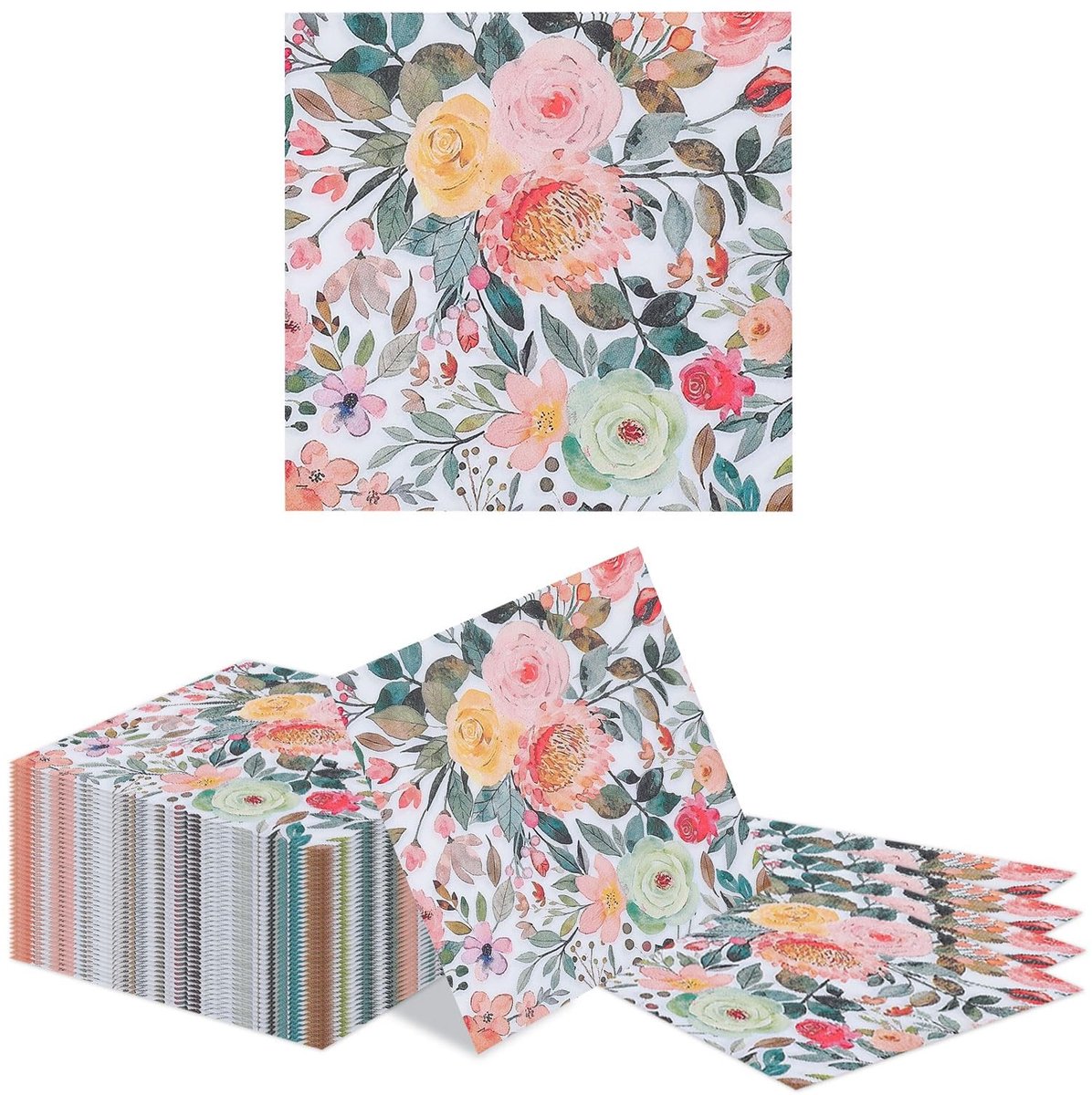Dailygoods- Servetten Aquarell Rozen - 40 Stuks - Papieren Servetten - Wegwerp Servetten - Bloemen Servetten - 16,5x16,5 cm - Voor Feest en Diner