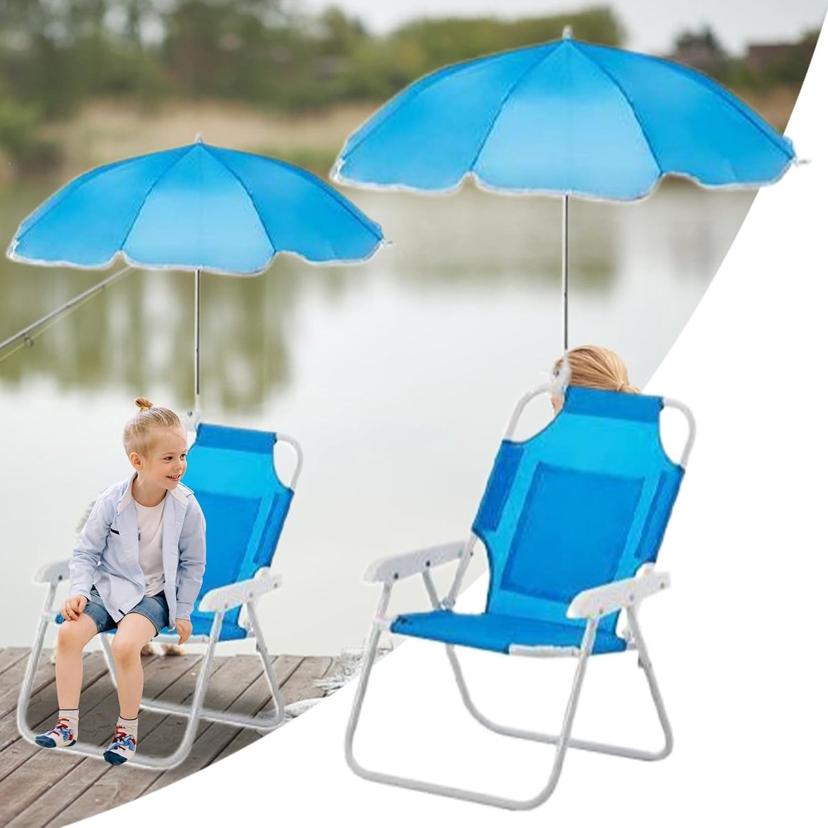 Kinderstrandstoel met Zonwering - Opvouwbare Stoel - Buitenactiviteiten - Verstelbare UV-bescherming - 50 kg draagvermogen - Zeeblauw