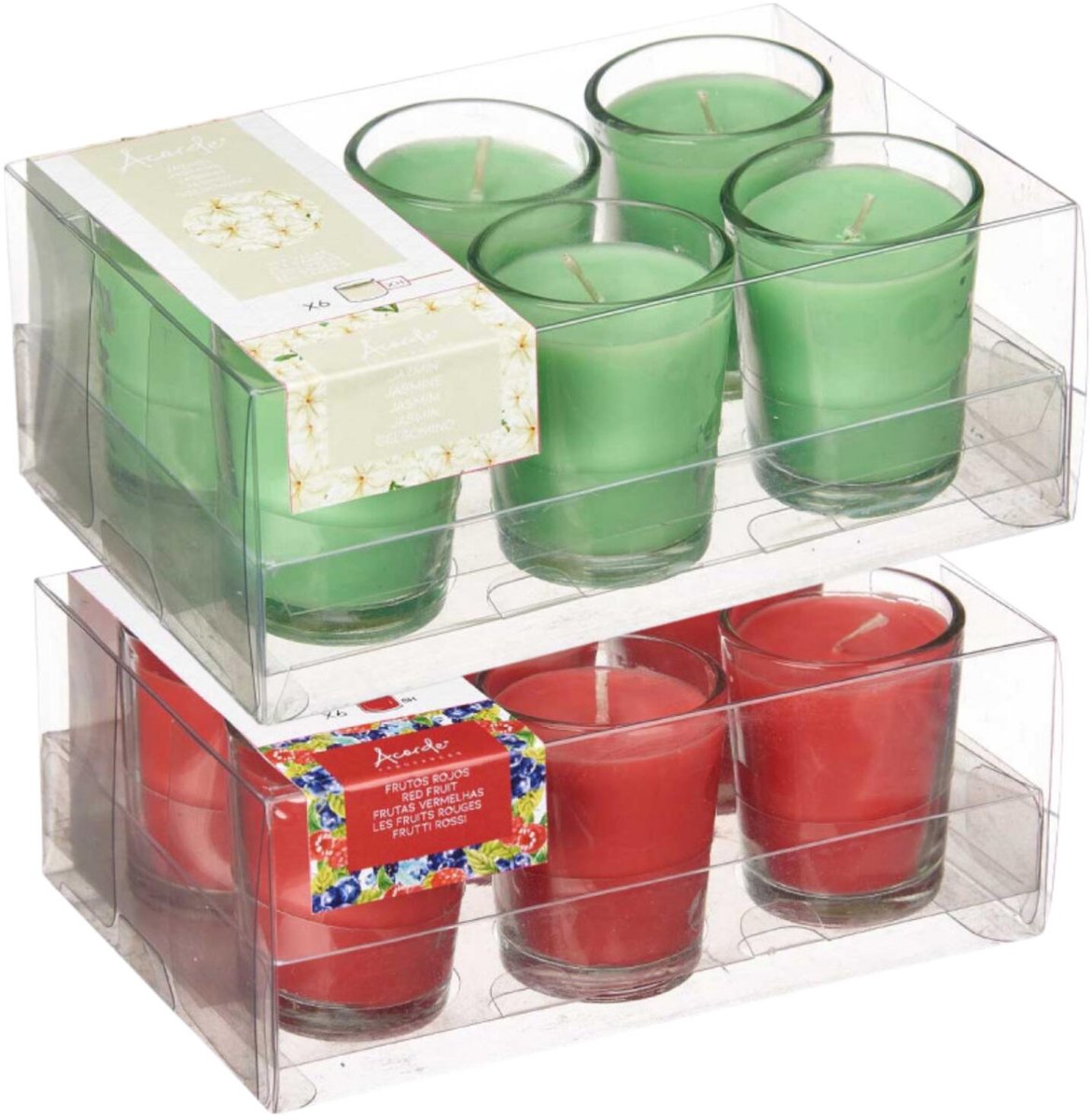 Arte r Arte regal geurkaarsen set - 6x rood fruit - 6x jasmijn - in glas - 8 branduren