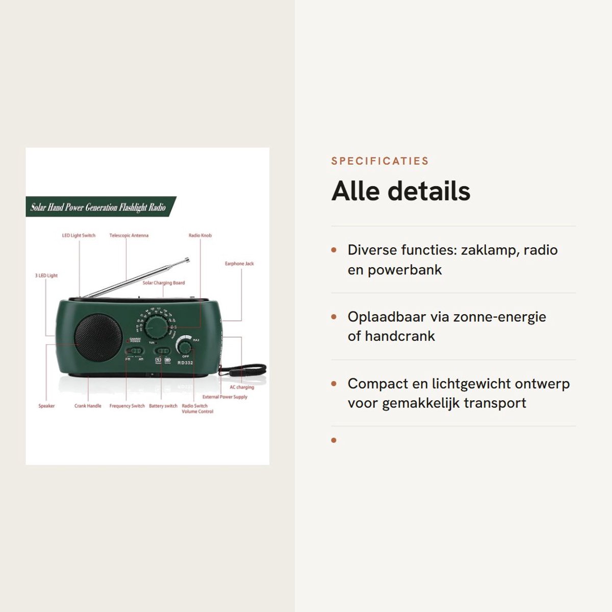 Dailygoods- Noodradio met Solar Oplader - Handcrank - Powerbank - AM/FM Weerwaarschuwing - Draagbare Radio - 3-LED Licht - Noodlamp – foto 3