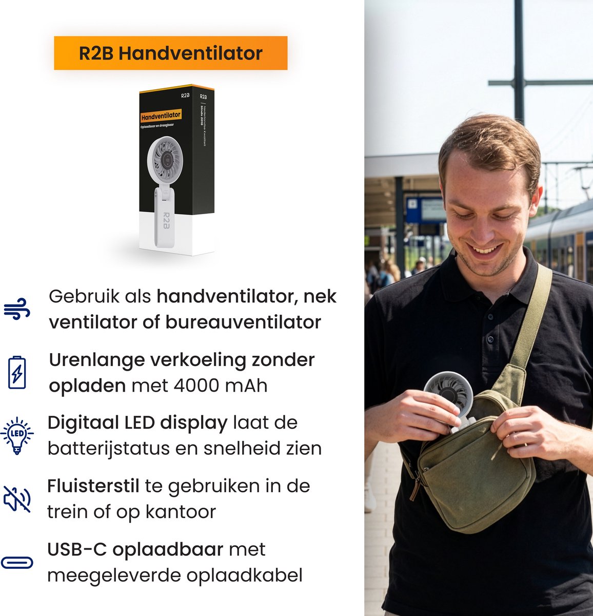 R2B Handventilator Oplaadbaar - Draagbare Mini Ventilator - Nekventilator met 100 Snelheden - Opvouwbaar - 4000 mAh - LED Display en Draagkoord — afbeelding 11