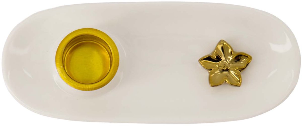 Zusss Kandelaar Keramiek Met Bloem - White / Gold - 14X6cm
