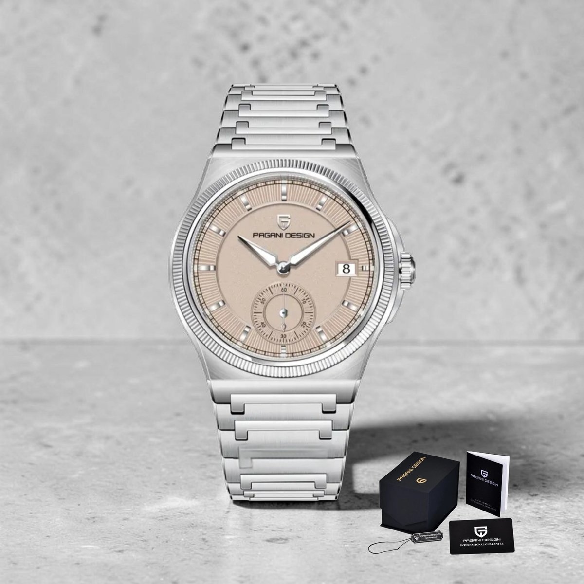 PAGANI DESIGN PD-YS029 Automatisch Herenhorloge Champagne / Beige wijzerplaat - 42mm RVS Stalen Horloge met Saffierglas, Datum en HZ8240 Automatisch Uurwerk - Luxe Minimalistisch Design