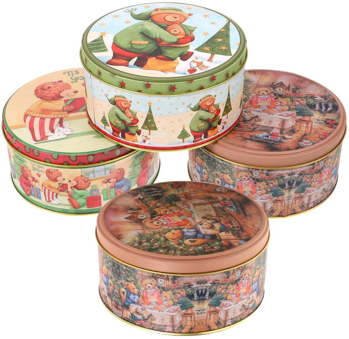 Dailygoods- Koekjestrommel Metalen - 4 Stuks - Kerstpatroon - Decoratie - Duurzaam - Voor Koekjes en Gebak - Koekjesdoos