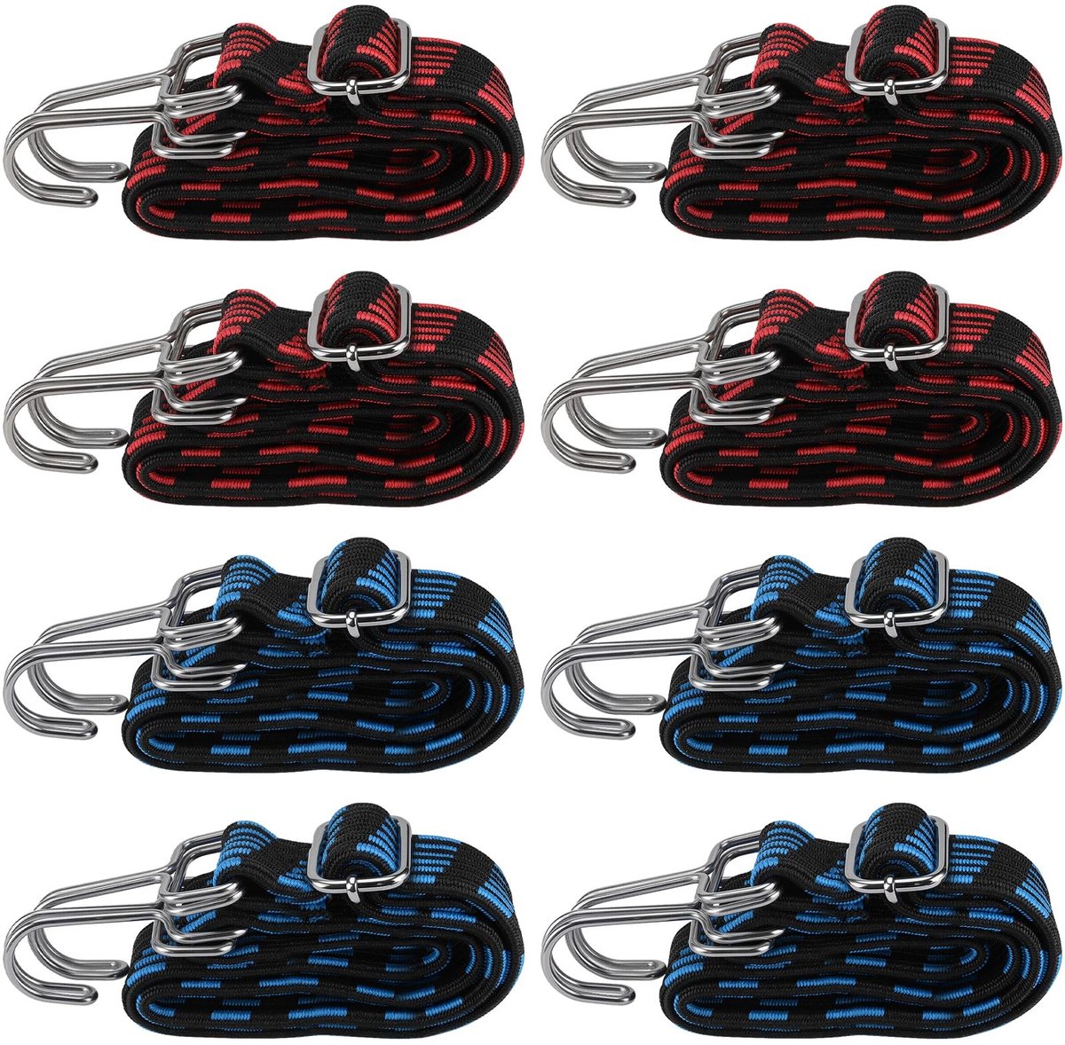 Dailygoods- Bungeekoorden 8 stuks - Verstelbare Elastische Banden 1 m - Zwart/Rood/Zwart Blauw - Versterkte Haak - Flexibel Kernmateriaal - Ideaal voor Beveiligen