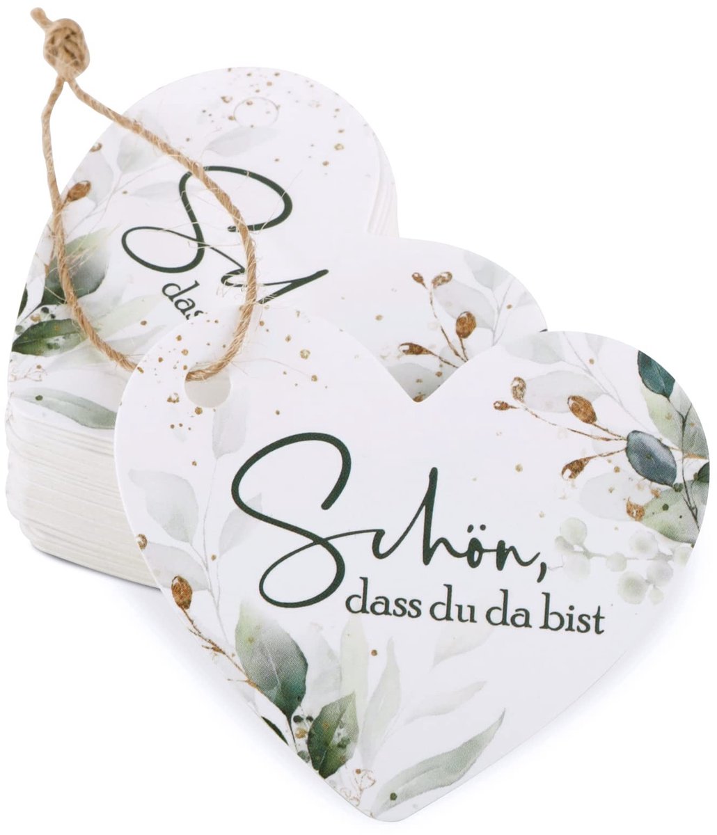 Dailygoods- Cadeaulabels 50 stuks - Hart/Eucalyptus - Jute Koord - Papierkarton - 5 x 5 cm - Decoraties voor Geschenken - Etiketten