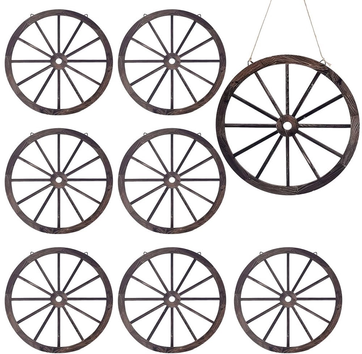Dailygoods- Houten Wielen 30 cm - Set van 8 - Lichtgewicht Decoratie - Vintage Stijl - Geschikt voor Binnen/Buiten - Rustieke Wanddecoratie - Decoratieve Wielen