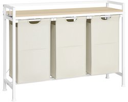 VIEMAE Wasmand - Wasmand 3 vakken - Wasmand met deksel & handgrepen - Wassorteerder - Wasmanden - 96x30x71 cm - 93L - Creme, wit
