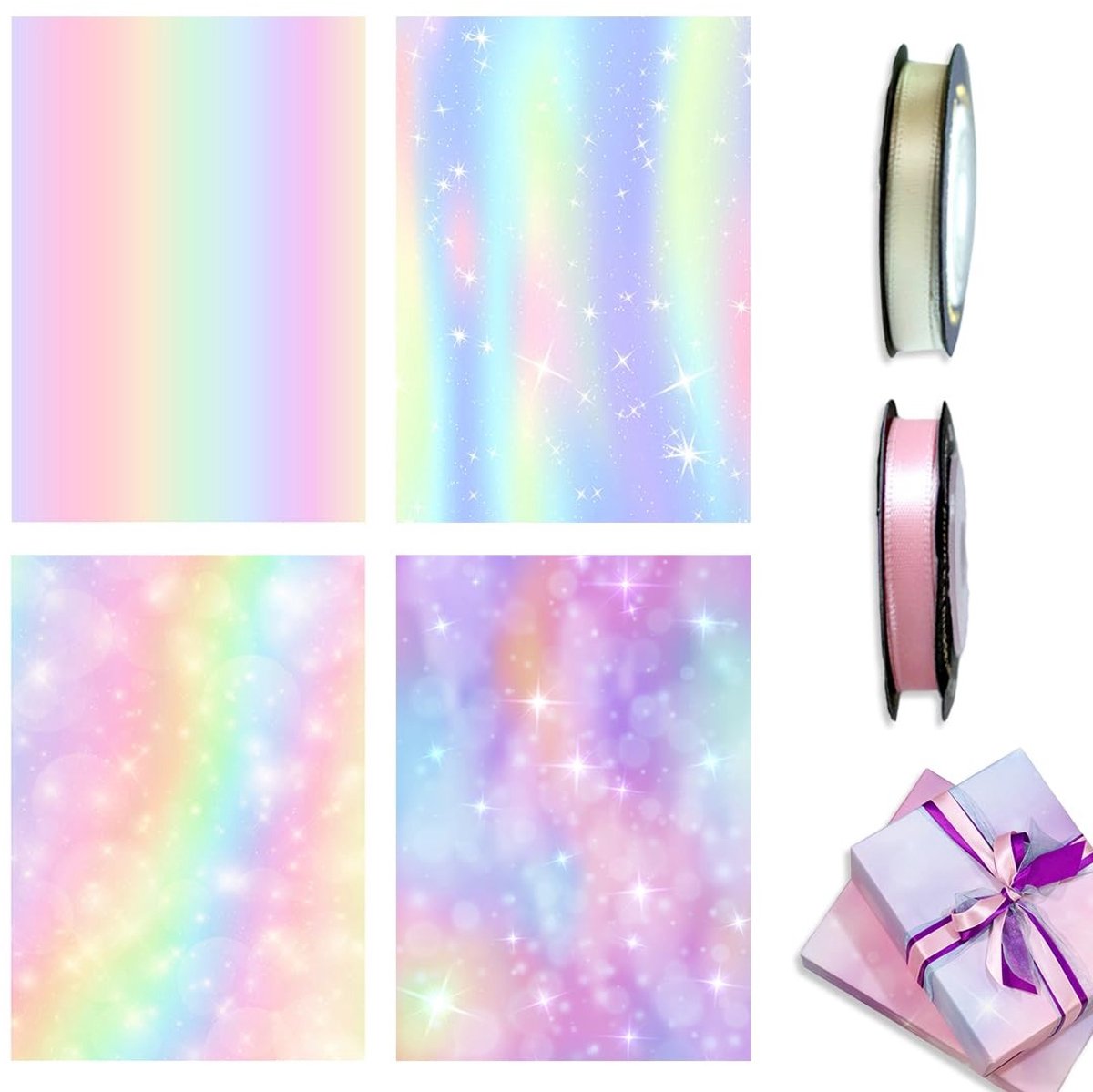 Dailygoods- Cadeaupapier Set 4 Vellen - Verpakking voor Meisjes/Dames - Satijnen Linten - 70x50 cm - Roze/Ivoor - Levendige Kleuren - Geschenkpapier