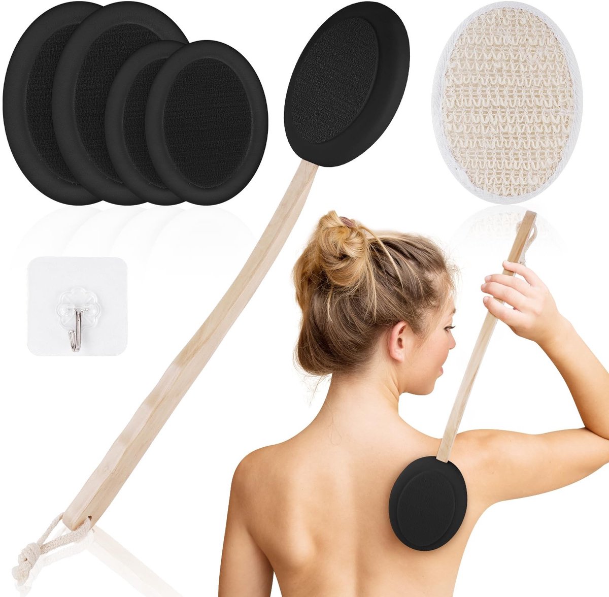 Dailygoods- Lotion Applicator - 2-in-1 Lichaamsborstel - Rugborstel met Lange Steel - 7 Stuks - Inclusief 4 Sponspads - Perfect voor Moeilijk Bereikbare Plaatsen
