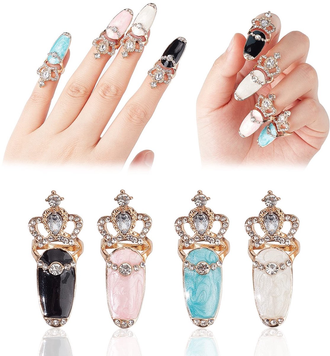 Dailygoods- Nagelringen 4 Stuks - Kroon/Ringenset - Punk Legering - Verstelbare Strass - Nageldecoratie - Geschikt voor Vrouwen en Meisjes - Vingertopringen