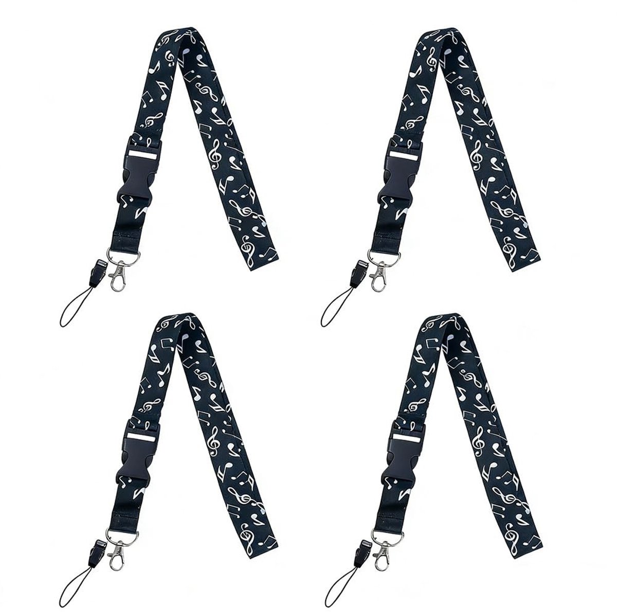 Dailygoods- Lanyard 4 Stuks - Afneembare Badgehouder - Sleutelhanger - Kunststof Legering Sluitingen - Muzieknoten Design - Duurzaam Polyester - Sleutelkoord