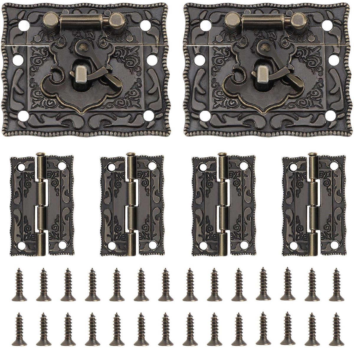 Dailygoods- Hasp - Antieke Hasp Latch Lock 50.8x42mm - Mini Scharnier 36x23mm - 2 Stuks Hasp Sloten - 4 Stuks Scharnieren - 28 Stuks Schroeven - Vintage Design - Vergrendeling