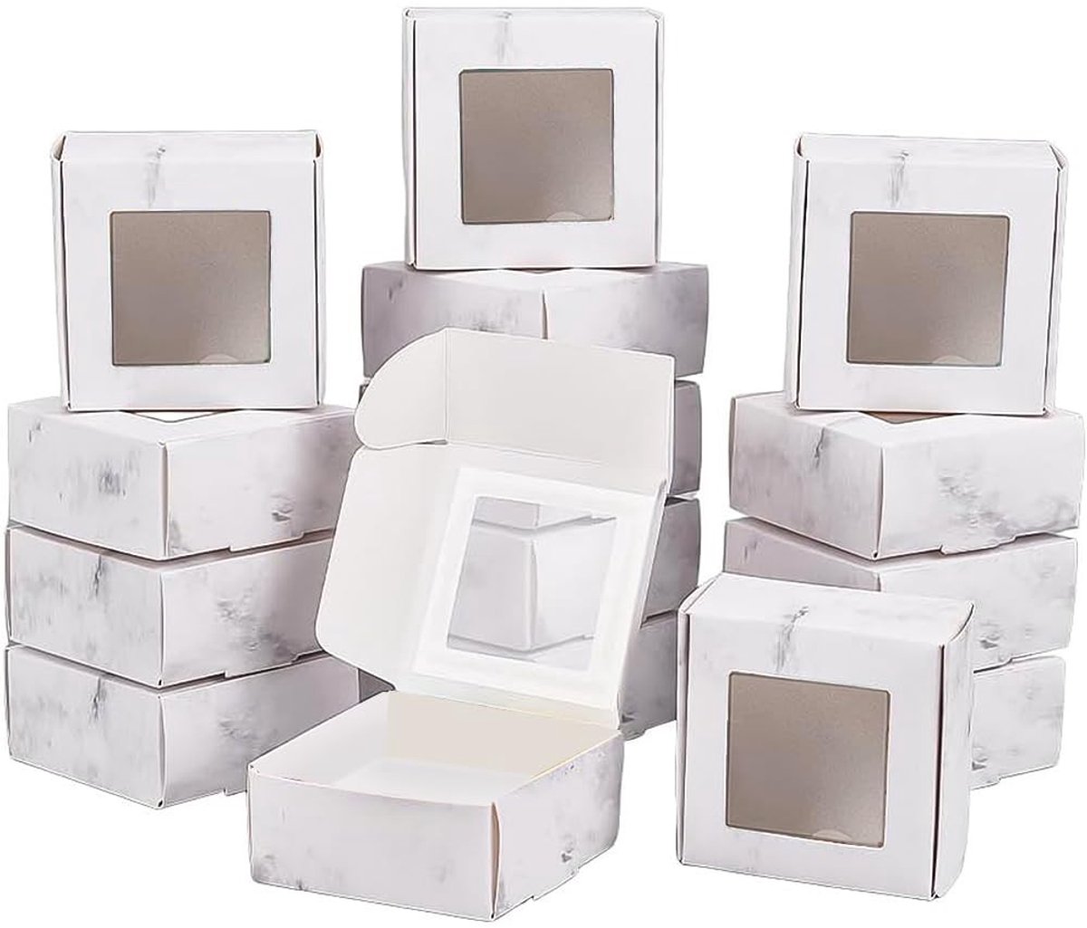 Dailygoods- Koekjesdozen Set van 30 - Marmeren Dozen met Venster - 6,5 x 6,5 x 6,5 cm - Geschenkdozen voor Bruiloft - Bewaren van Snoep en Desserts - Ideaal voor Feesten