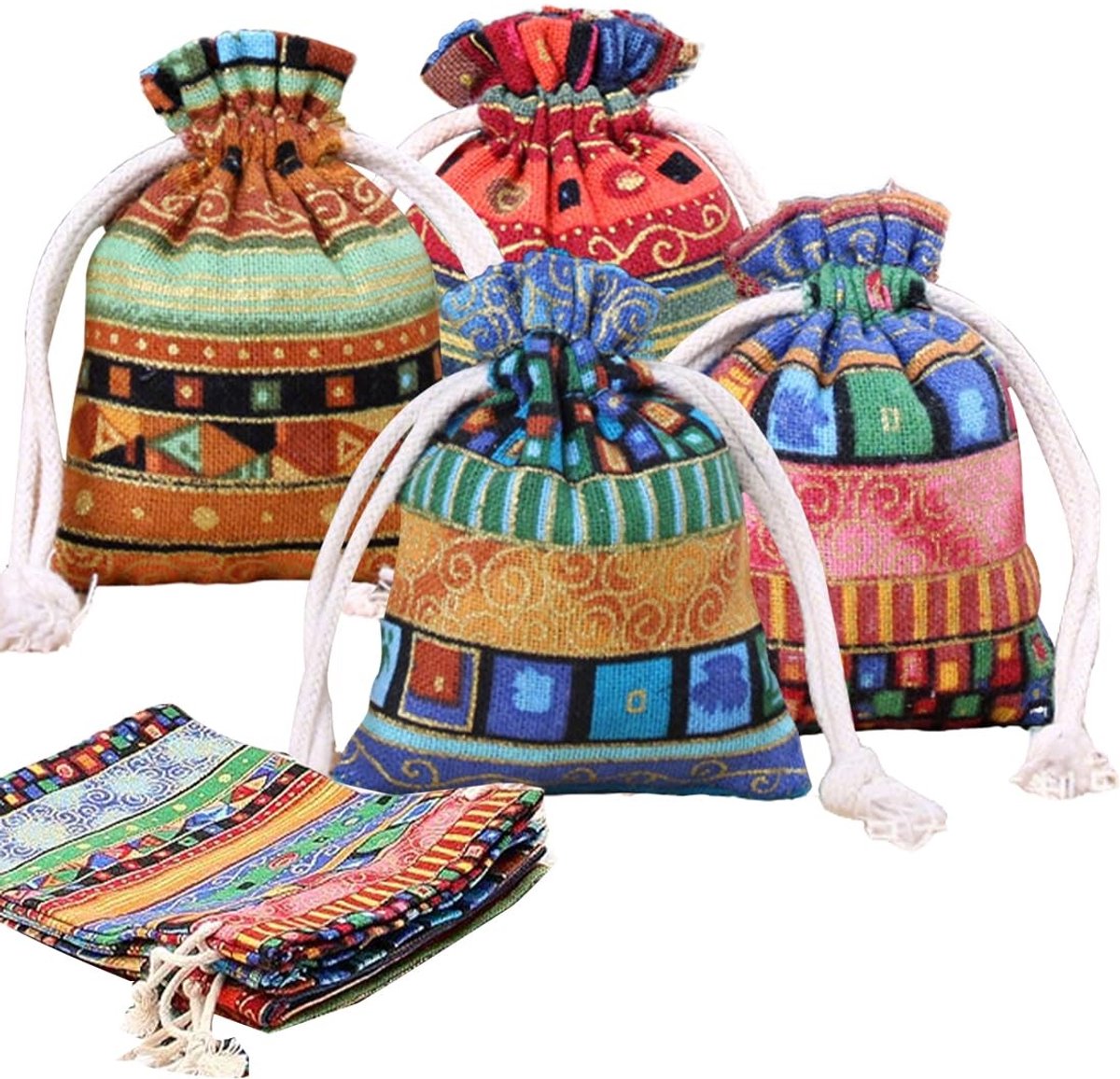 Dailygoods- Cadeauzakjes Herbruikbaar - Papieren Zakjes - Jutelinnen - Etnische Stijl - Trekkoord - 12 Stuks - Geschenkzakjes