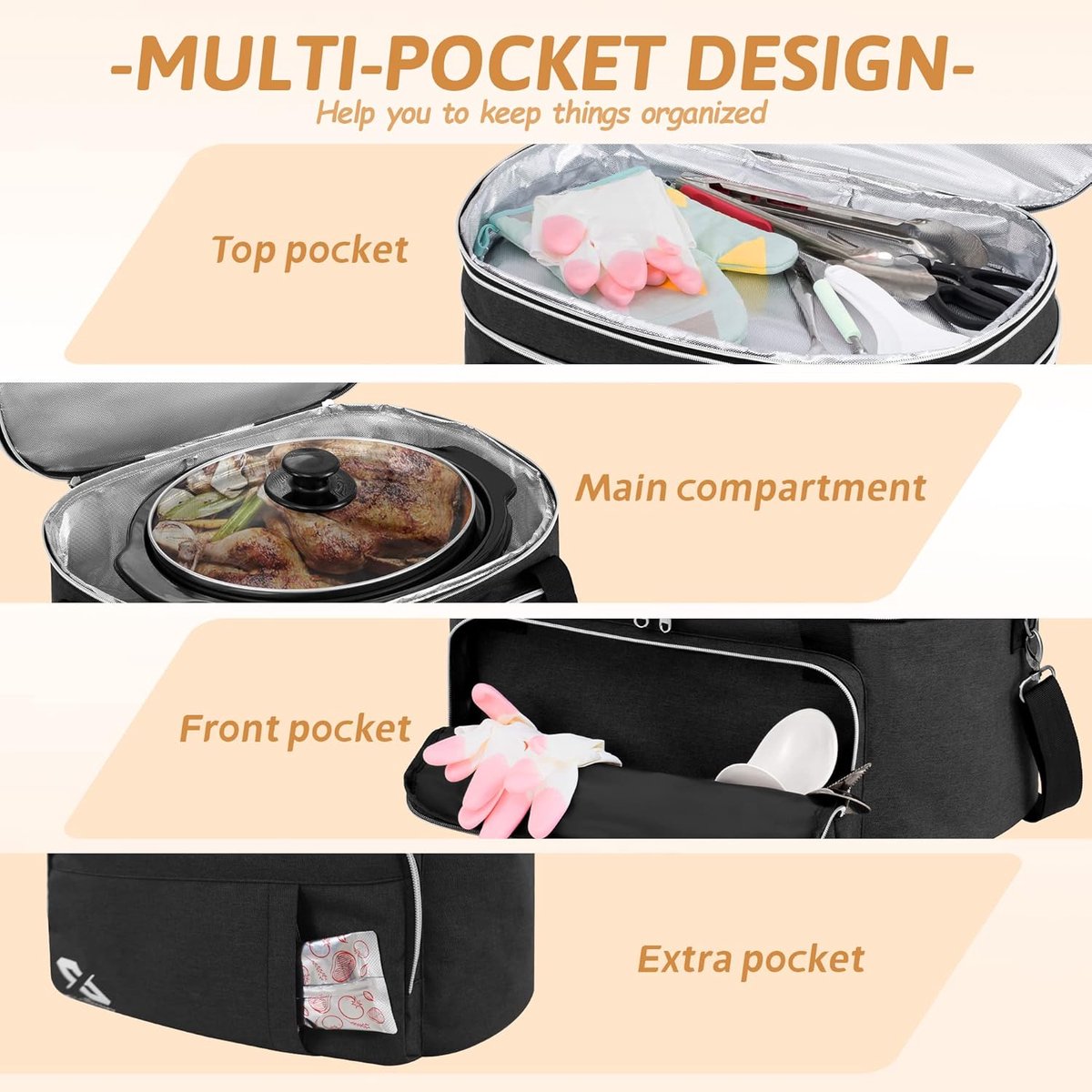 Slowcooker Tas - Crock Pot Drager - Maaltijden Vervoeren - Dubbellaags Ontwerp - 8 Quarts - Zwart – foto 4