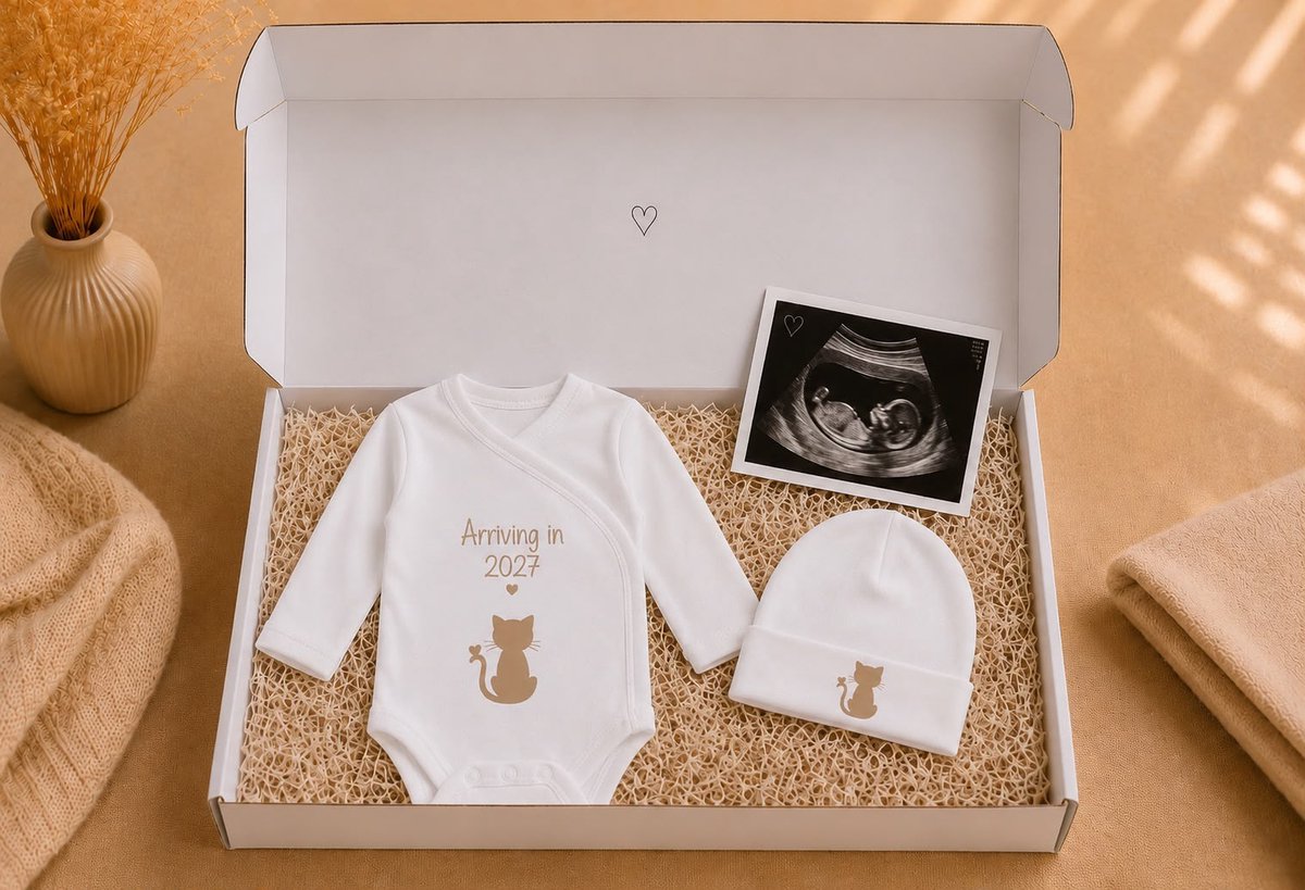 Blijeitje – Zwangerschapsaankondiging Baby Verwacht in 2027 – Luxe Kraamcadeau Set met Romper & Mutsje – Babyshower Cadeau – Newborn Geschenk Cats Design