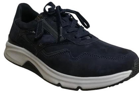 Donkerblauwe Gabor sneaker met rits en veters, witte zool en glimmende details.