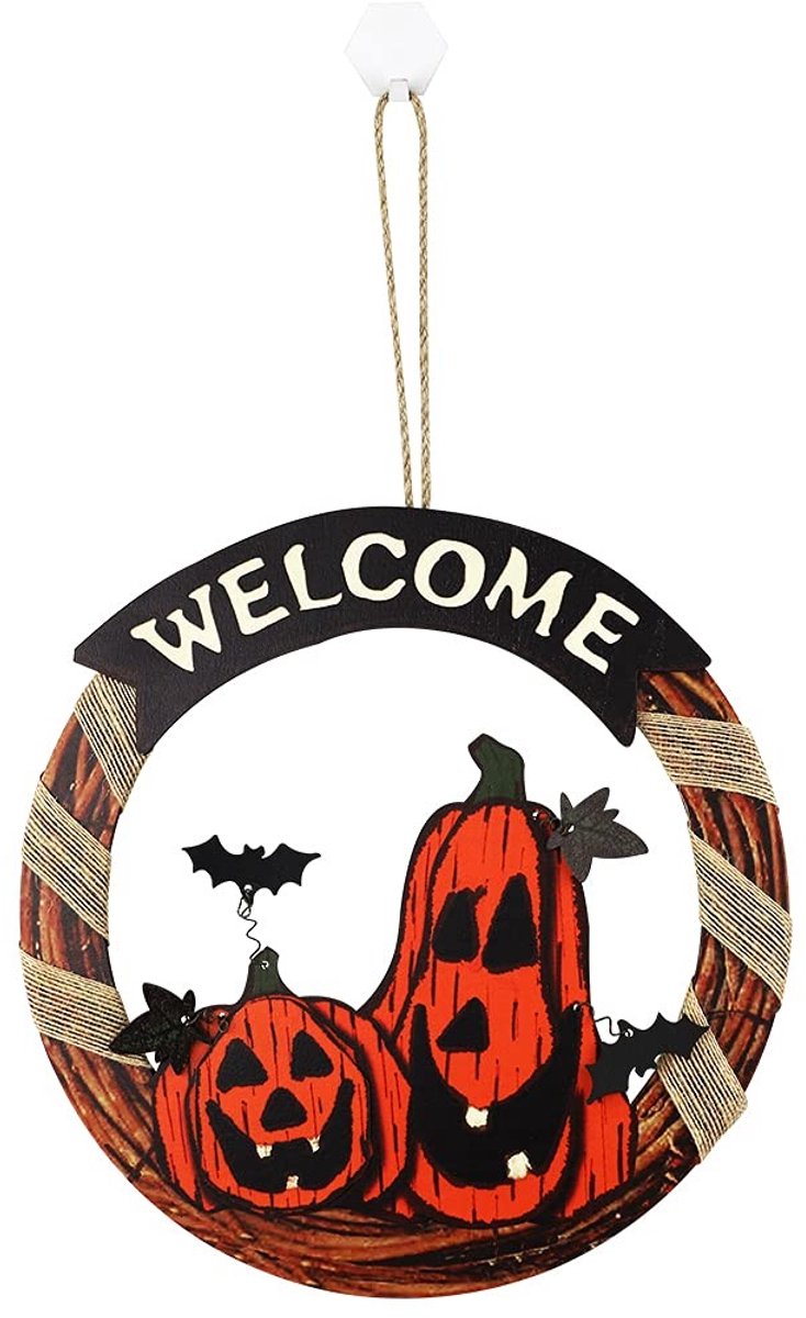 Dailygoods- Pompoen Deurhanger Eng - Halloween Decoratie - Houten Plaque - Voordeur Decor - 12 Inch Hoog - 11,8 Inch Breed - Deco