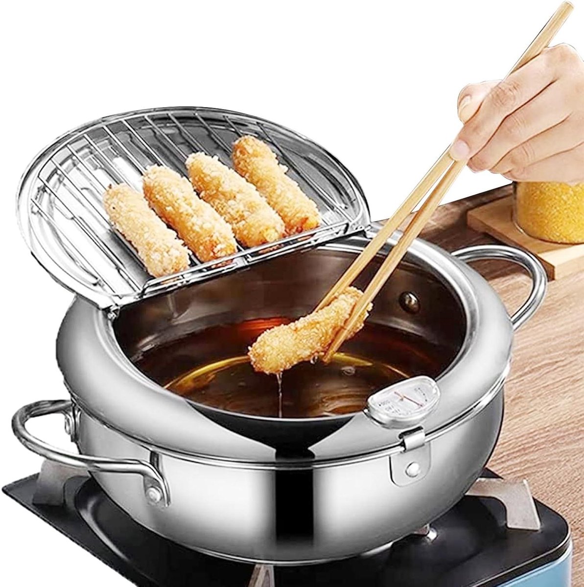 Kleine Frituurpan Tempura Koekenpan Thuis Frituren Met Thermometer 24cm Diameter Zilver