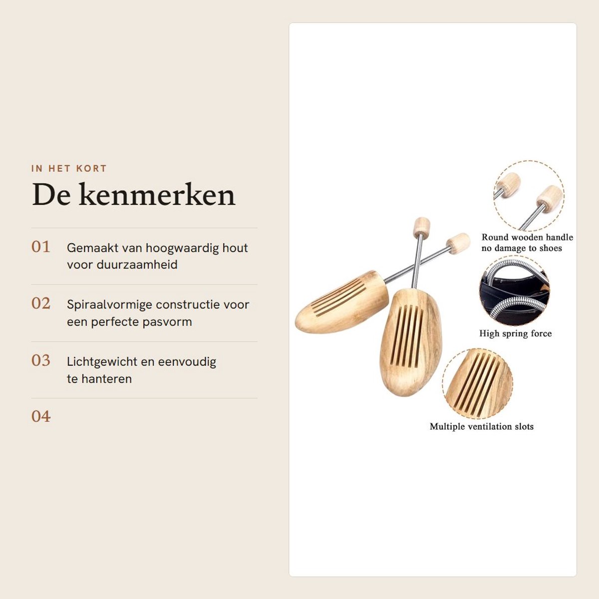 Dailygoods- Schoenspanner Hout - Premium Spiraalvormig - Kreukvrij - Ademend - Lichtgewicht - Stabiliteit van Teen tot Hiel - Schoensteun