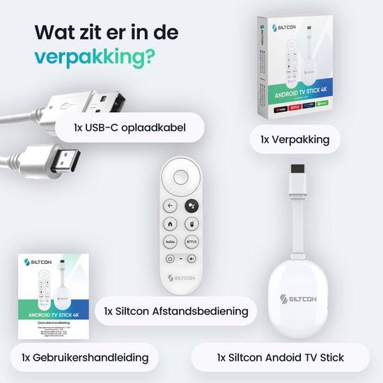 De inhoud van de verpakking van de Siltcon Android TV Stick: een witte dongle, een witte afstandsbediening, een USB-C kabel en een handleiding.