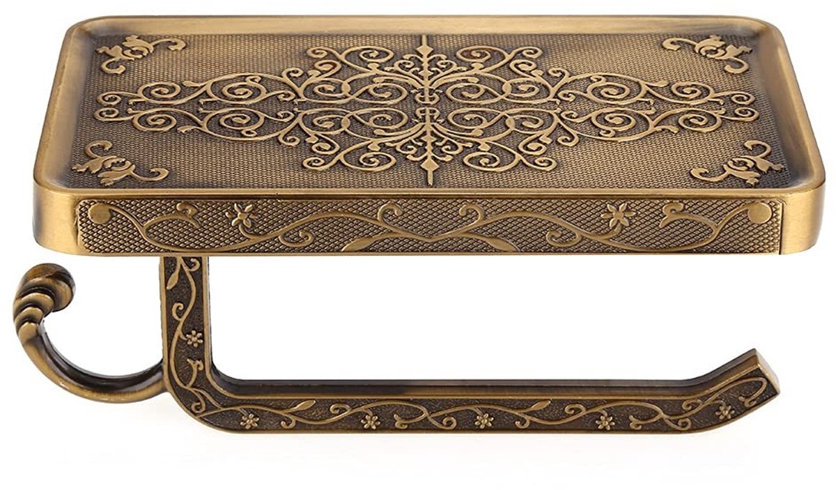 Dailygoods- Papierhouder Vintage Antiek - Messing Behuizing - Telefoon Plankje - Wandmontage - Decoratie Badkamer - Elegant Design - Toiletrolhouder