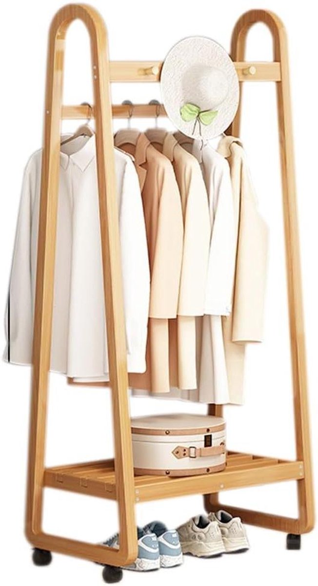 Kledingrek Bamboe - Kapstok met Planken - Kleding Opbergen - Met Wielen en Haken