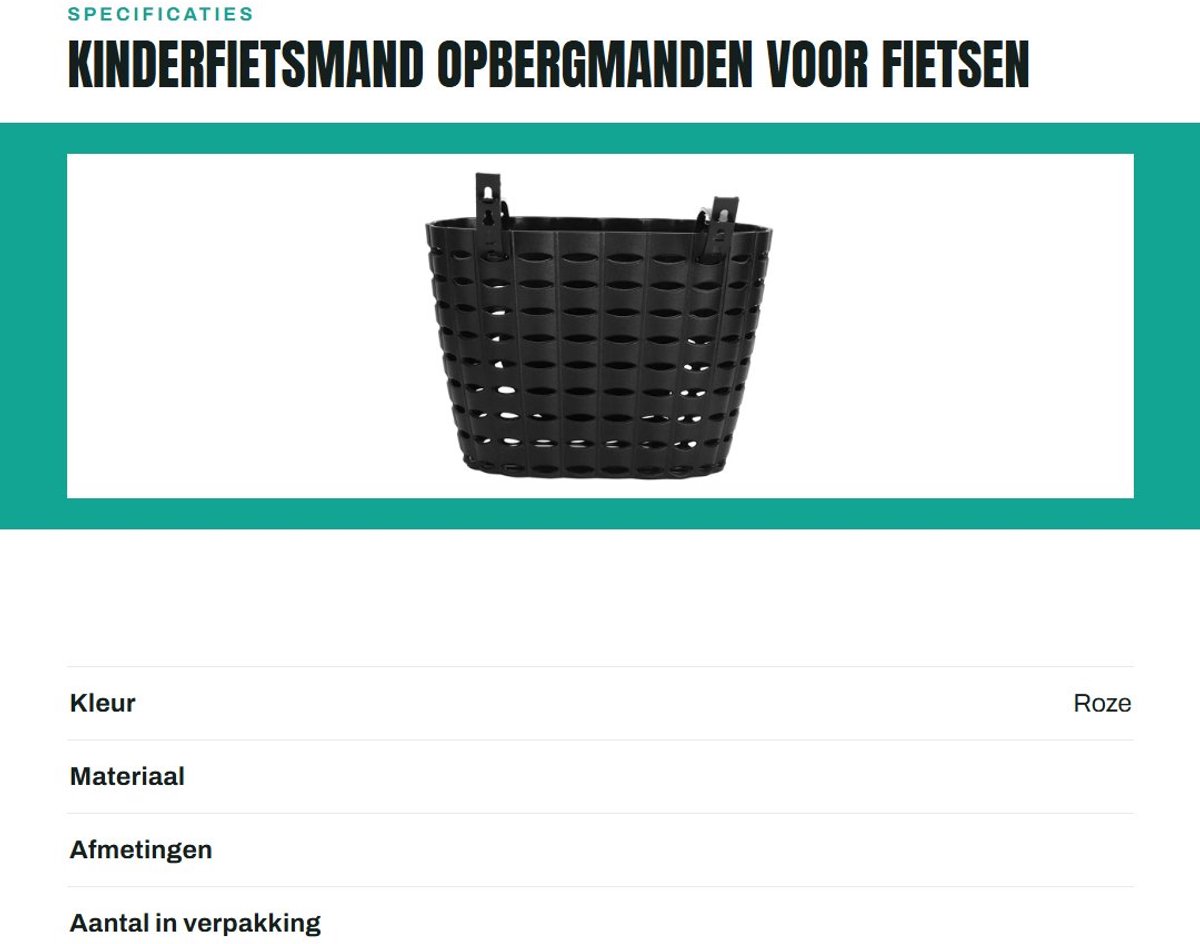 Dailygoods- Kinderfietsmand Hoogwaardige Kunststof - Opbergmand - Hol Ontwerp - Bevestigingsbanden - Slagvast - Slijtvast 21 x 12 x 14 cm - Fietsmandje