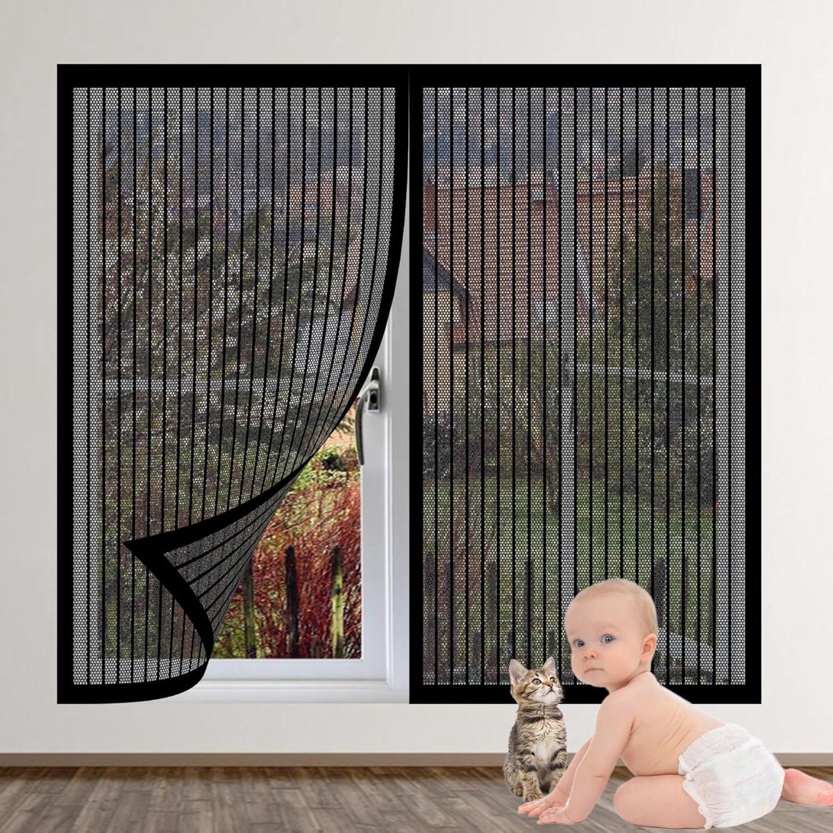 Magnetisch Horgaas 170 x 140 cm Magnetische Bevestiging Muggenvlieg Sluit Automatisch Zonder Boren Voor Keuken- Slaapkamer- Kamerramen, Zwart