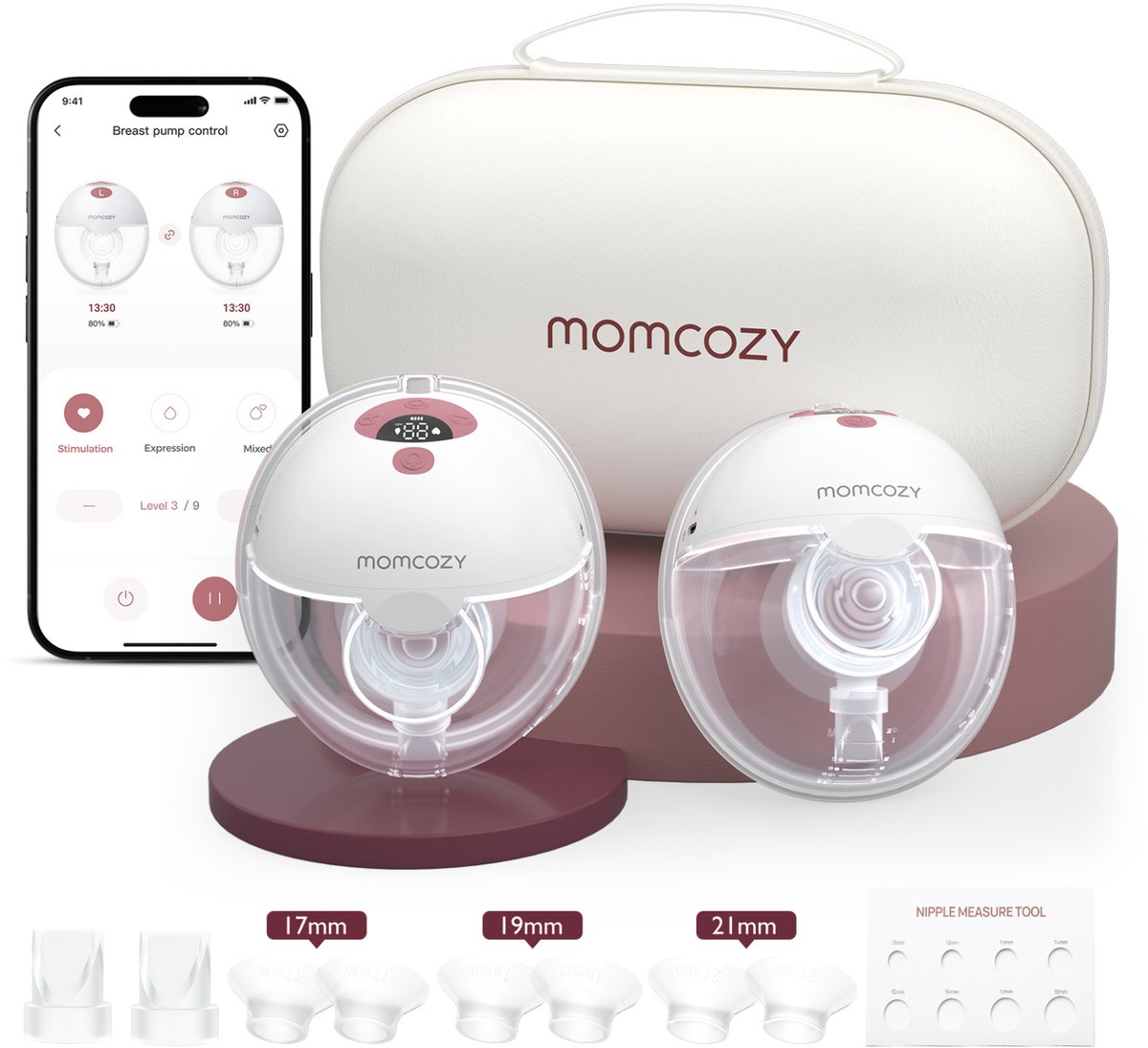 Momcozy M5 Smart – Handsfree Borstkolf – 2 Stuks – Elektrisch – Stil & Compact – Met Borstschild Inserts - Wit/Rood