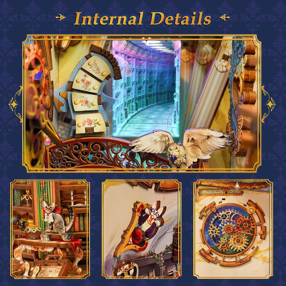 Tonecheer Magical Library Book Nook Bouwpakket - Modelbouw - 18,2 x 10,7 x 28,3 cm - DIY Pakket - Houten 3D Puzzel - Boekensteun - LED-licht - Bewegingssensor Licht - Boekenhouder — afbeelding 3