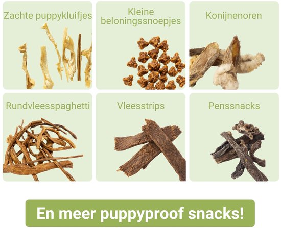 Collage van zes verschillende soorten puppy-proof hondensnacks: zachte puppykluifjes, beloningssnoepjes, konijnenoren, rundvlees spaghetti, vleesstrips en penssnacks.
