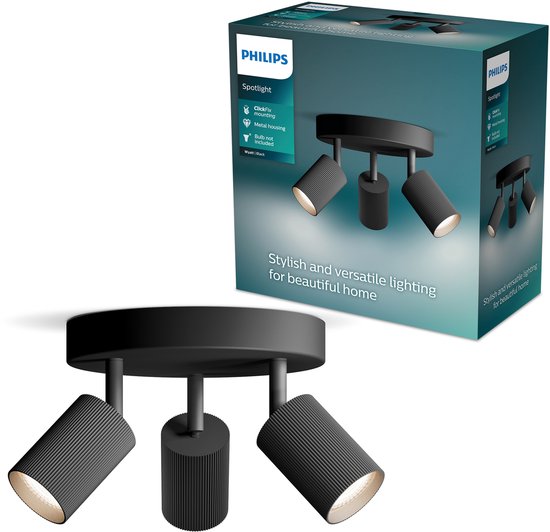 Philips Wyatt zwarte 3-lichts opbouwspot en verpakking met Engelse tekst.
