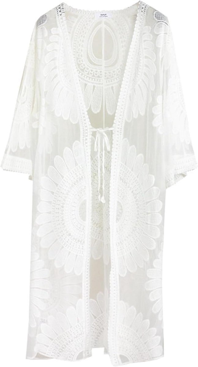 Vrouwen zwemmen cover up kanten kimono met zonnebloem borduurwerk, lichtgewicht strand coverups voor zwempakken vloeiend zomer vest, wit