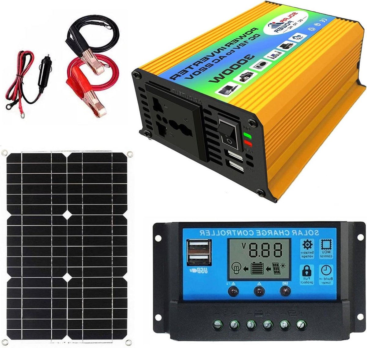 Draagbare Zonne-energiekit - Zonnepaneel Set - Energie Opwekken - 3000W Omvormer - 18W Paneel - Zwart