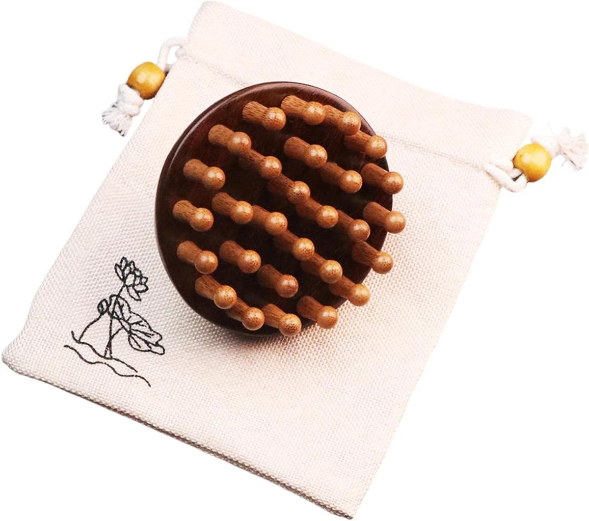 Massageborstel Hoofdhuid - Kam Hout - Ontspanning Haar - Natuurlijk Sandelhout - 12 x 12 x 4.5 cm - Houtkleur