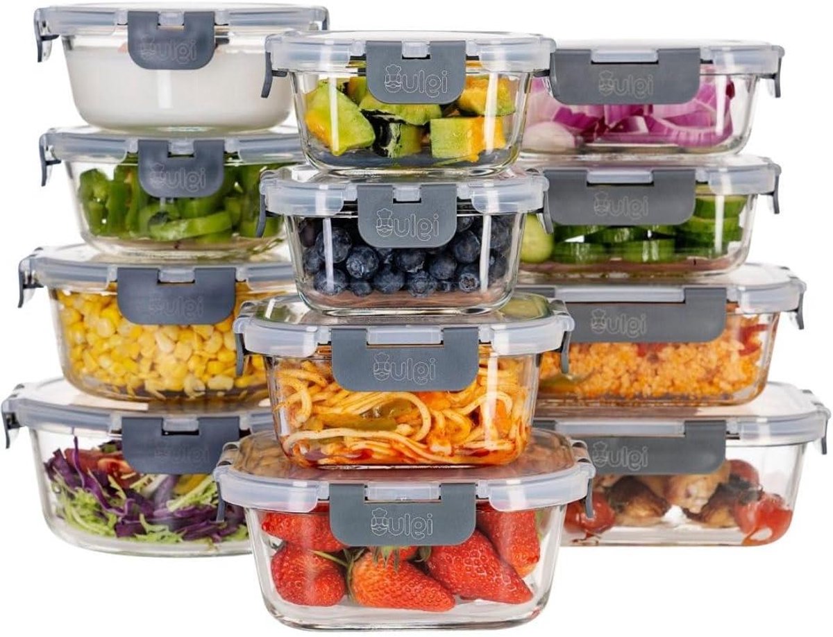 Glazen Vershoudbakjes - Meal Prep Bakjes - Voedsel Bewaren - Oven Magnetron Vriezer Veilig - Set van 12