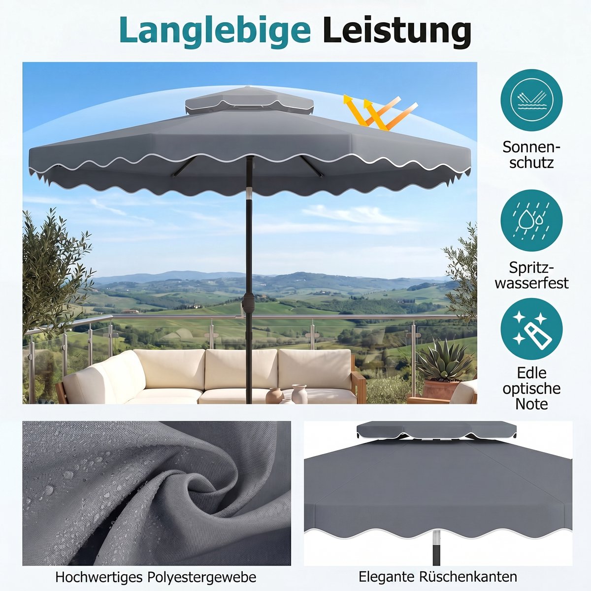 COSTWAY 300 cm parasol met dubbel doek, tuinparasol met draaihendel en volant, 30° kantelbaar aan beide zijden, terrasparasol, marktparasol voor tuin, balkon, terras (grijs) – foto 7