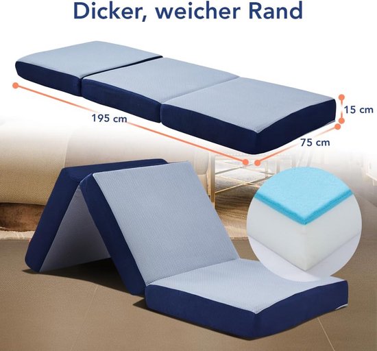Opvouwmatras Gastenbed - Vouwmatras Inklapbaar - Logeren en Reizen - Drievoudig Opvouwbaar - 195 x 75 cm - Blauw Grijs — afbeelding 5